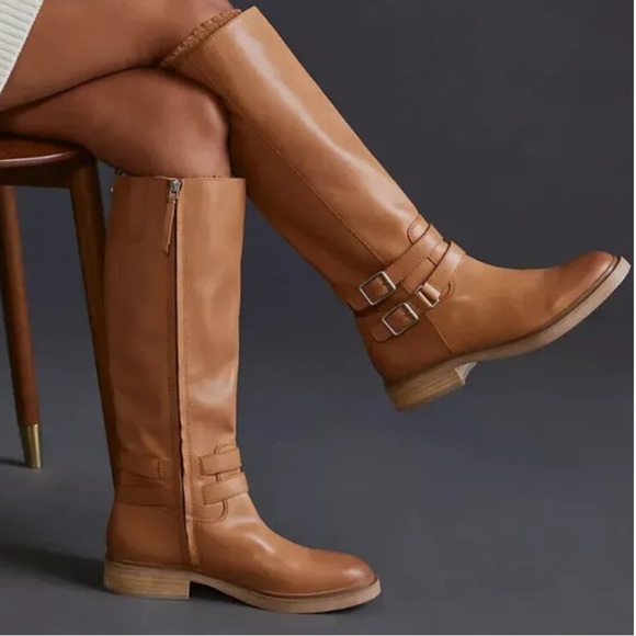 Sam Edelman Freda Tall Leather Riding Boots Tan Size 8.5 Moto Biker Buckles NEW - Picture 1 of 16